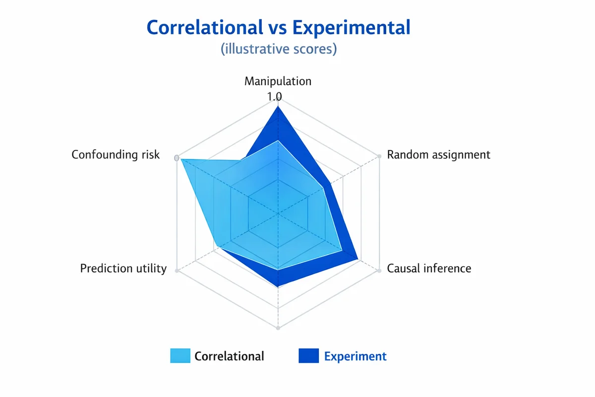 Radar chart comparing correlational studies versus experiments on manipulation, random assignment, causal inference, prediction utility, and confounding risk, showing experiments higher on manipulation and causality while correlational studies have higher confounding risk and slightly higher prediction utility.
