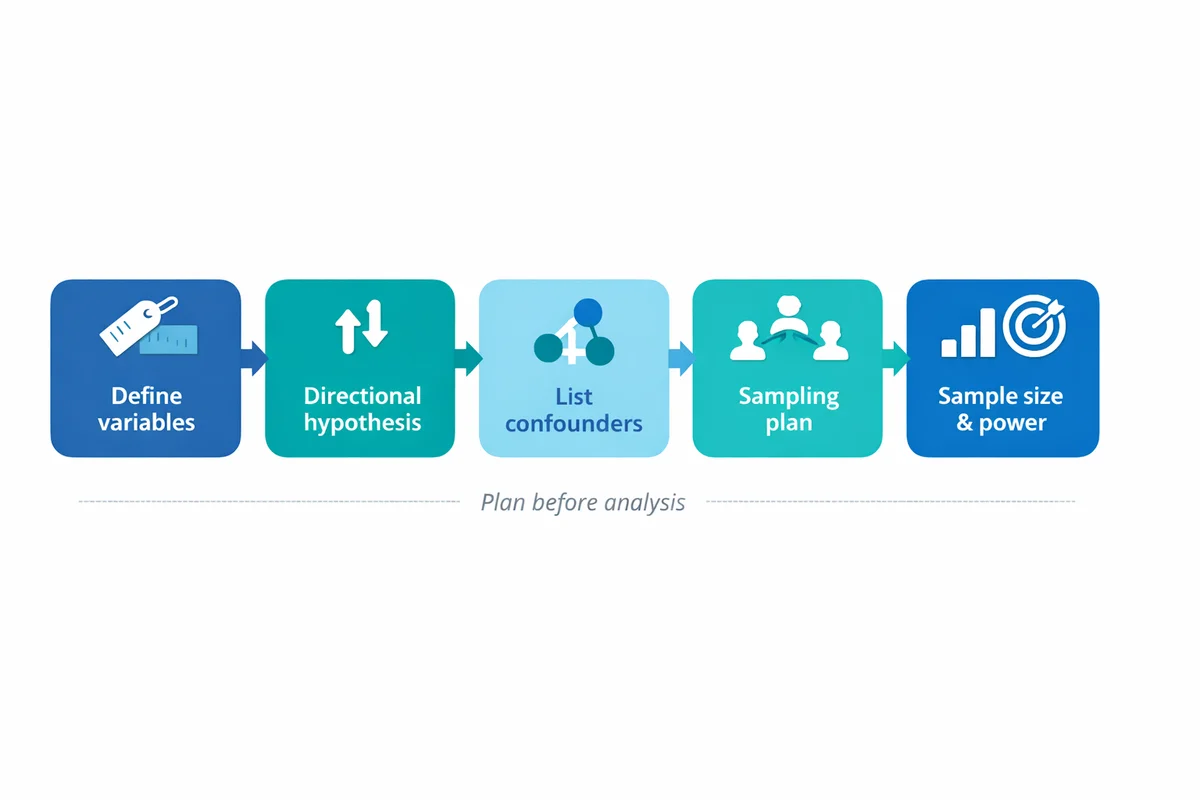Five-step flowchart showing the planning sequence for a correlational study: define measurable variables, state a directional hypothesis, list plausible confounders, choose a sampling plan, and plan sample size with power in mind.