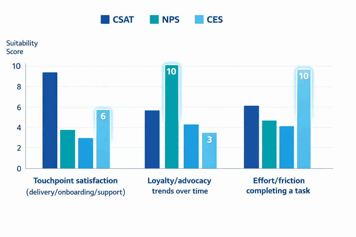 Grouped bar chart showing CSAT best for touchpoint satisfaction, NPS best for loyalty tracking, and CES best for effort and friction.