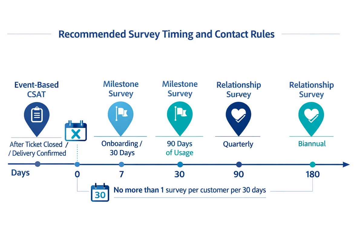 Timeline showing event-based surveys at day 0, milestone surveys at 30 and 90 days, relationship surveys at 90 and 180 days, plus contact limits of no two in 7 days and max one per 30 days.