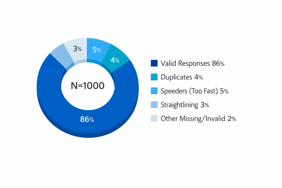Donut chart shows cleaned survey records: 86% valid, 4% duplicates, 5% speeders, 3% straightlining, 2% other invalid/missing.