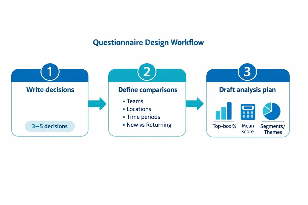 Three-step flow from writing 3�5 decisions to defining comparisons to drafting an analysis plan with outputs.