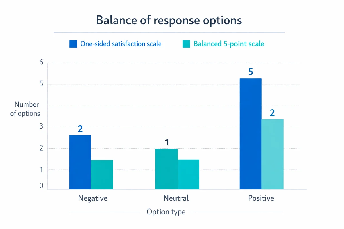 Grouped bars comparing option balance: one-sided scale has 0 negative, 0 neutral, 5 positive; balanced has 2 negative, 1 neutral, 2 positive.