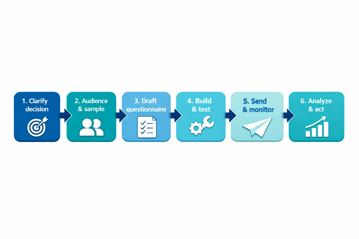 Six-step survey workflow diagram from clarifying the decision through analyzing and acting on results, shown as a left-to-right flow with arrows.