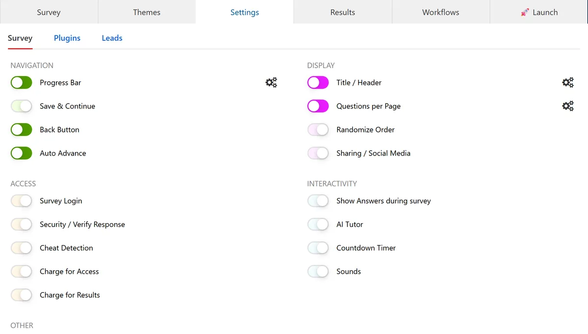 The Settings tab of the SuperSurvey editor with Navigation, Access, Display and Interactivity switches including Progress Bar, Survey Login, Security and Verify Response, and Questions per Page.