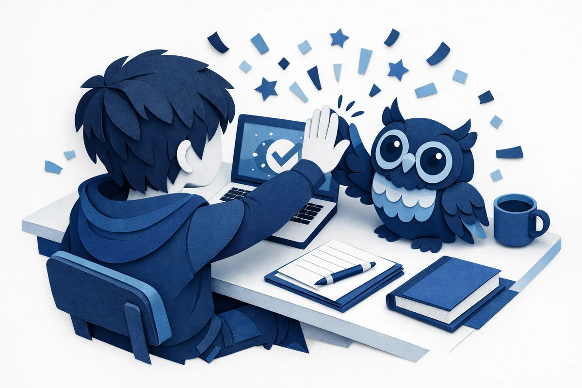 Papercraft illustration of a student taking an online quiz, with a small owl perched on the laptop monitor.