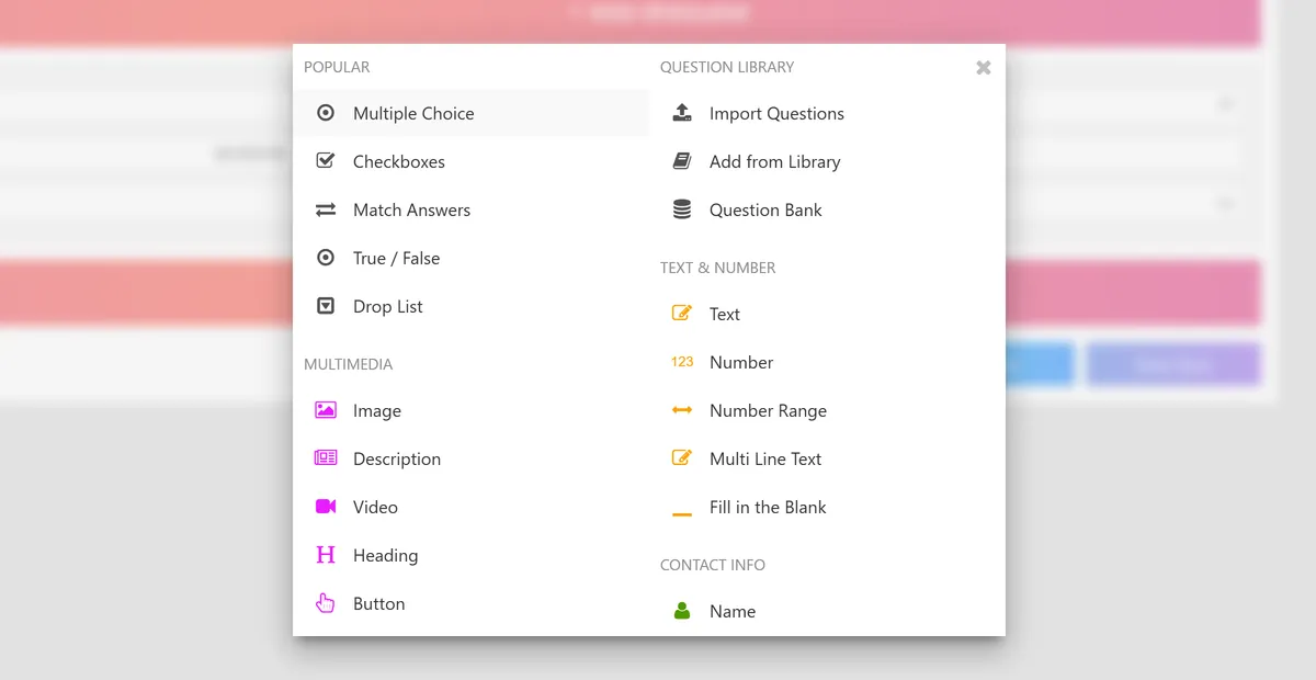The Add Question panel in Quiz Maker listing question types, with Multiple Choice highlighted alongside Checkboxes, Match Answers, True or False and Drop List.