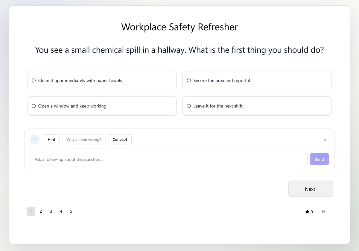 The finished Workplace Safety Refresher quiz as a taker sees it, with the first question, four answer buttons, an AI tutor hint bar and question pagination one to five.