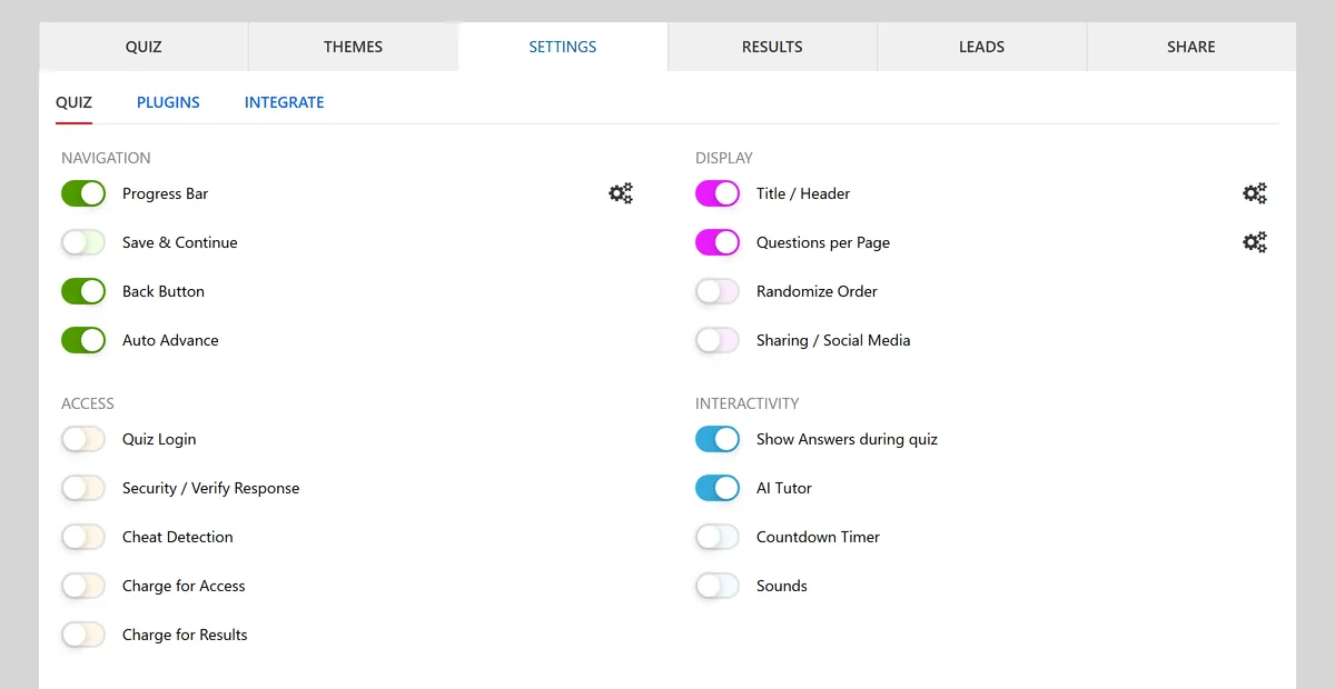 The Quiz Maker Settings tab showing toggles for showing answers during the quiz, AI tutor, progress bar, questions per page and countdown timer.