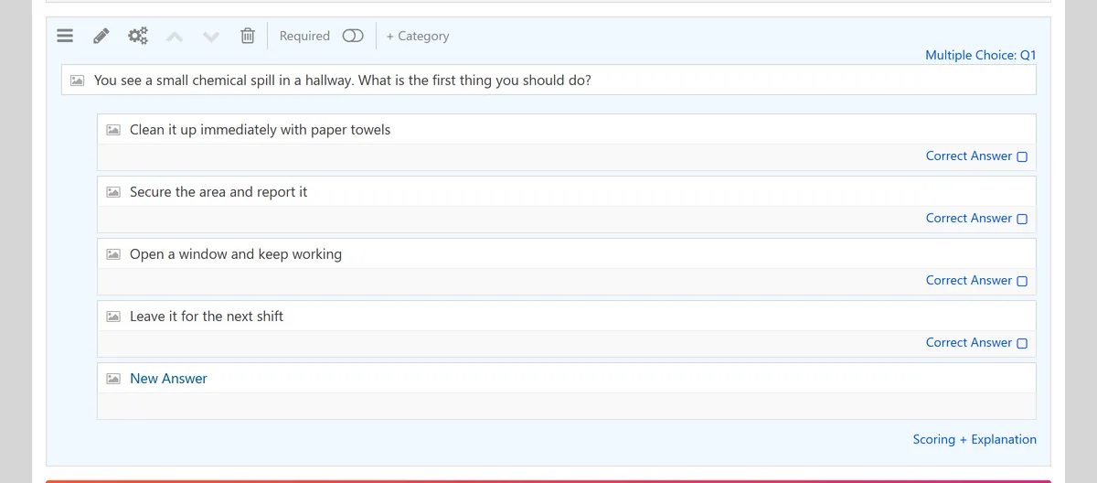 A multiple choice question about a hallway chemical spill typed into the Quiz Maker editor with its four answer options filled in.