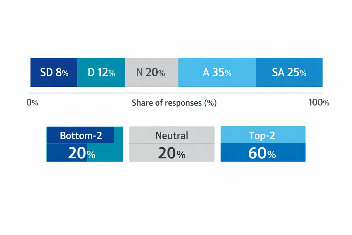 Example 100% stacked Likert bar showing response shares: 8% strongly disagree, 12% disagree, 20% neutral, 35% agree, 25% strongly agree, with top-2 and bottom-2 summaries.