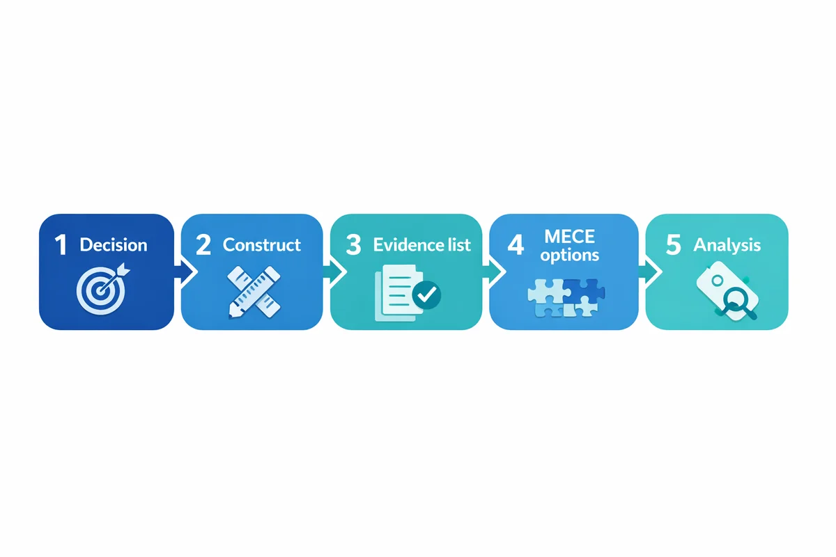 Five-step flowchart: Decision to Construct to Evidence list to MECE options to Analysis labels.