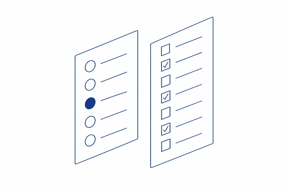 Line drawing of two answer lists: a question line above five circles with one circle filled, and a question line above seven boxes with three of them ticked.