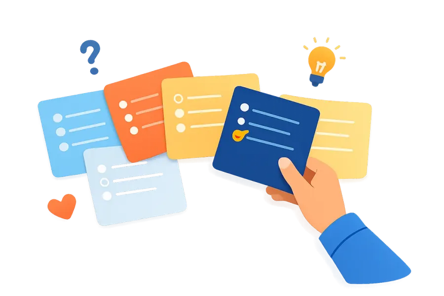 Colorful friendship quiz question cards organized by category including best friend quiz, boyfriend quiz, and couples quiz templates