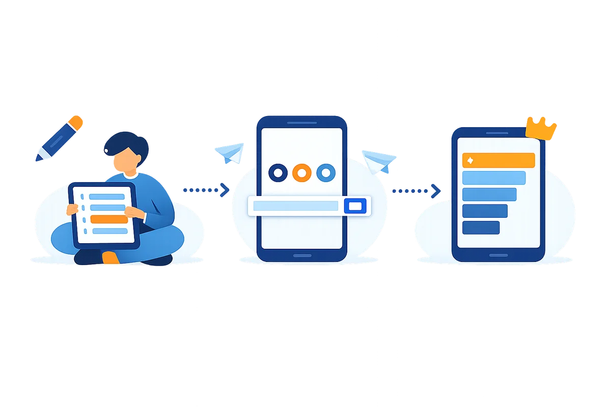 Three steps to make a friendship quiz: write questions about yourself, share the link with friends, check the leaderboard scores