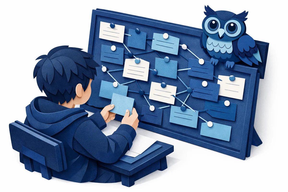 Papercraft illustration of a student taking an online quiz, with a small owl perched on the laptop monitor.