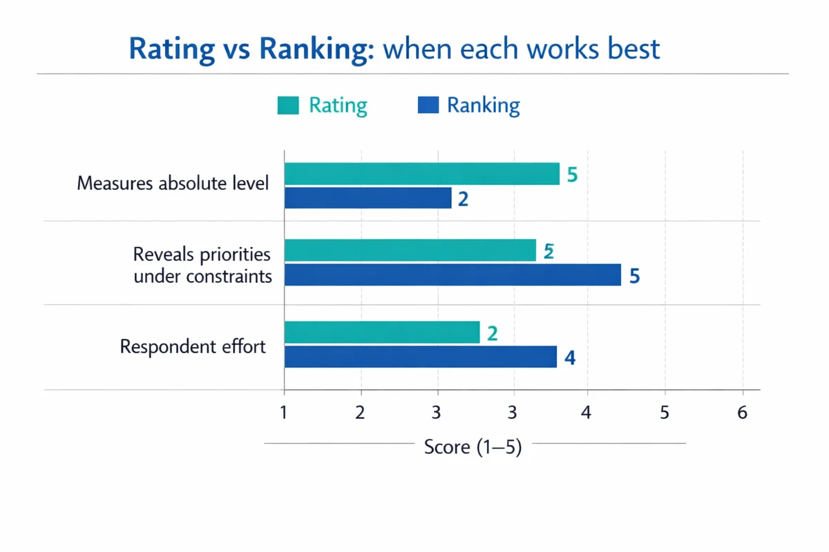 Grouped bar chart comparing rating and ranking on three criteria: absolute level (rating 5, ranking 2), priorities under constraints (rating 2, ranking 5), and respondent effort (rating 2, ranking 4) on a 1�5 scale.