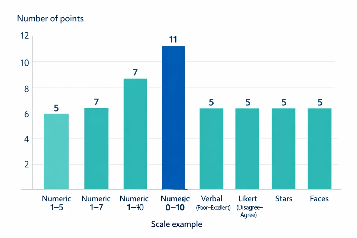 Bar chart of number of points by scale example: Numeric 1�5 (5), Numeric 1�7 (7), Numeric 0�10 (11), Verbal Poor�Excellent (5), Likert Disagree�Agree (5), Stars (5), Faces (5).
