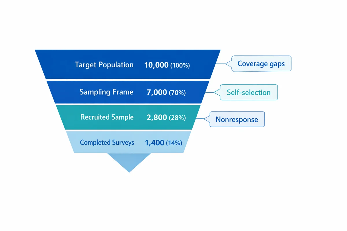 Funnel diagram showing a survey moving from target population to sampling frame to recruited sample to completed surveys, with counts and percentages and callouts for coverage gaps, self-selection, and nonresponse as key bias sources.