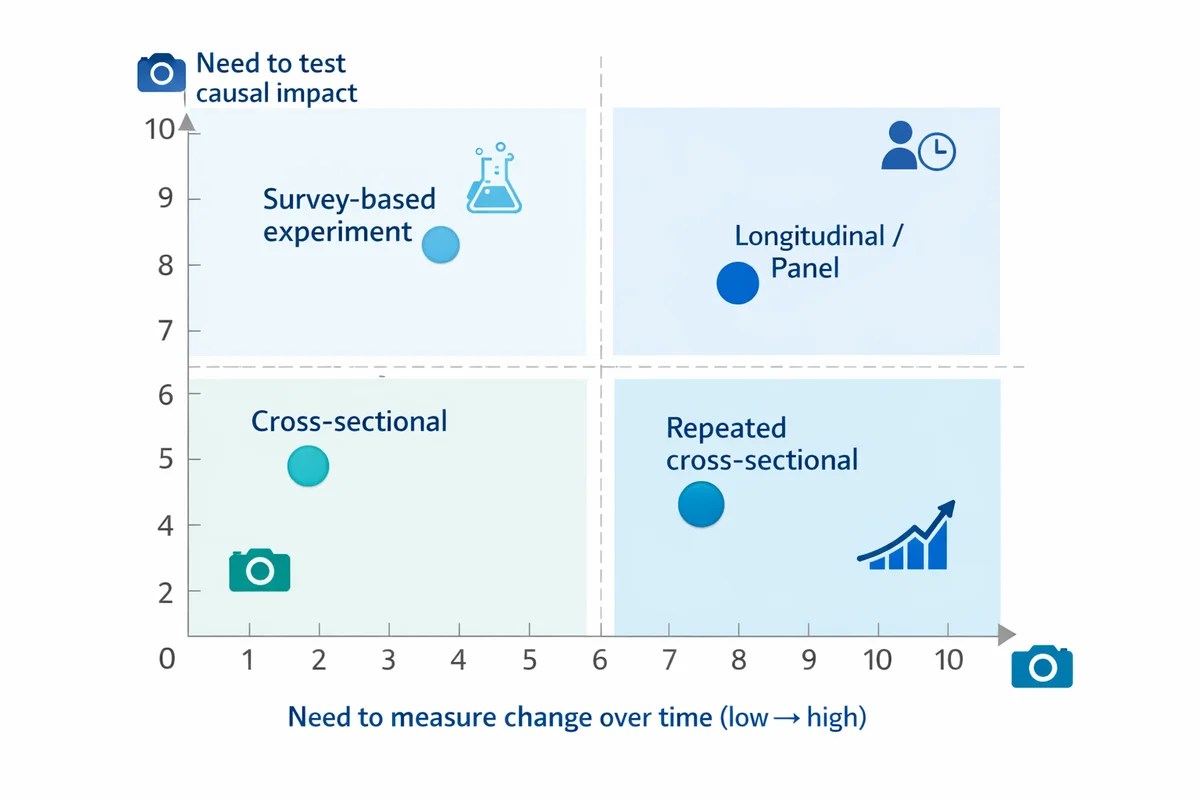 Quadrant scatter plot mapping survey design types by need to measure change over time and need to test causal impact; cross-sectional is low on both, repeated cross-sectional is high on change and low on causal testing, panel is high on change and mid on causal testing, and survey-based experiment is high on causal testing.