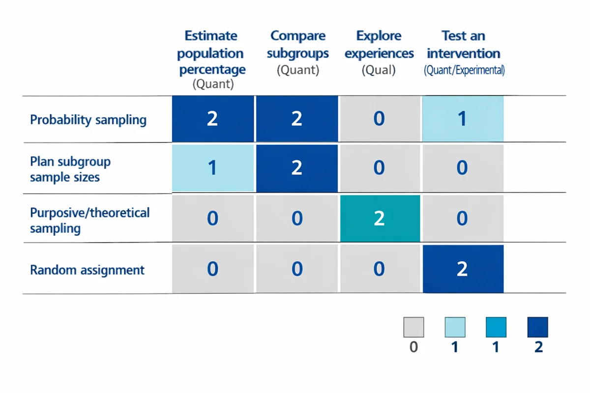 Heatmap linking four research goals to sampling and design choices with emphasis scores 0 to 2.