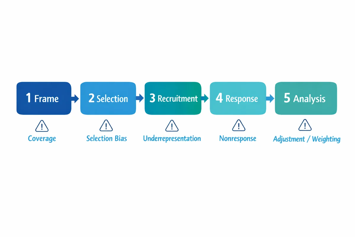 Five-step sampling chain flow from frame to analysis, highlighting where bias can enter.