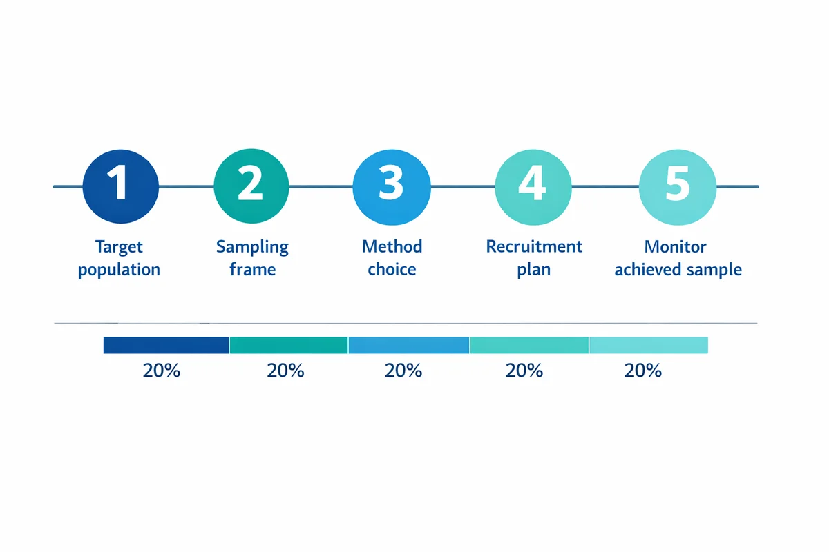 Five-step sampling workflow timeline from defining the population to monitoring the achieved sample.