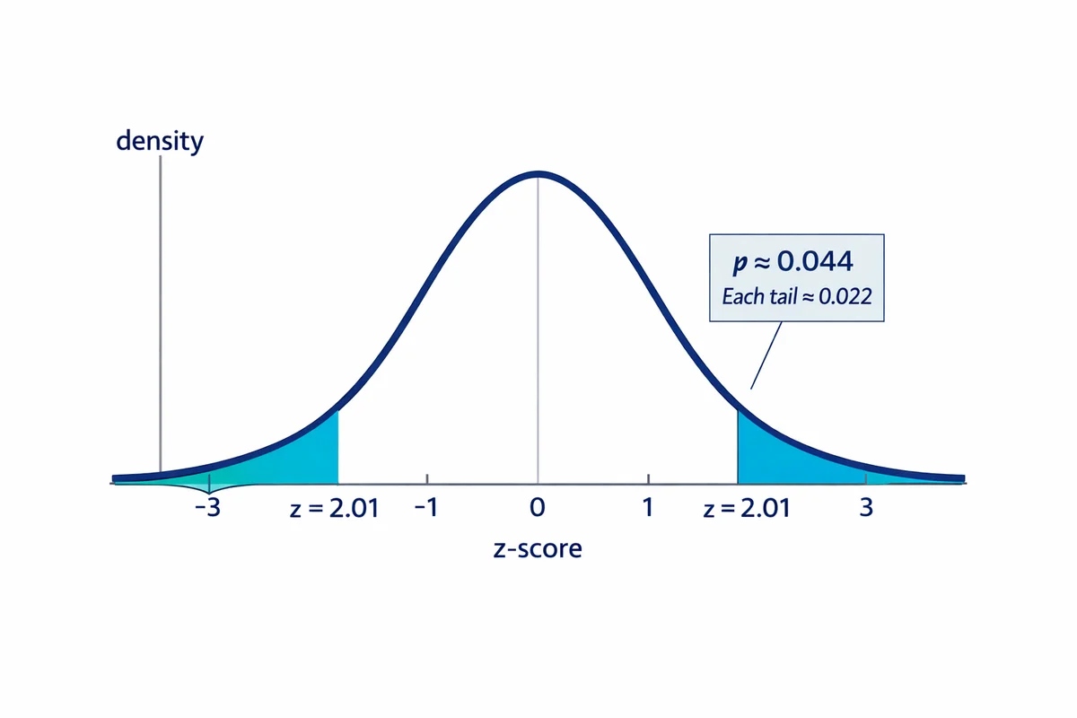 Normal curve with both tails beyond z = �2.01 shaded to show a two-sided p-value of about 0.044.