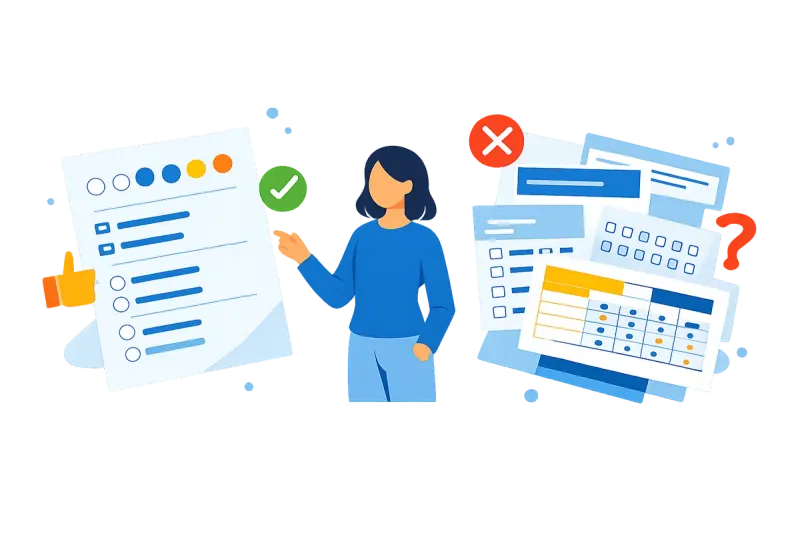 Comparison of a good survey question with clear wording versus a bad survey question with leading and vague phrasing