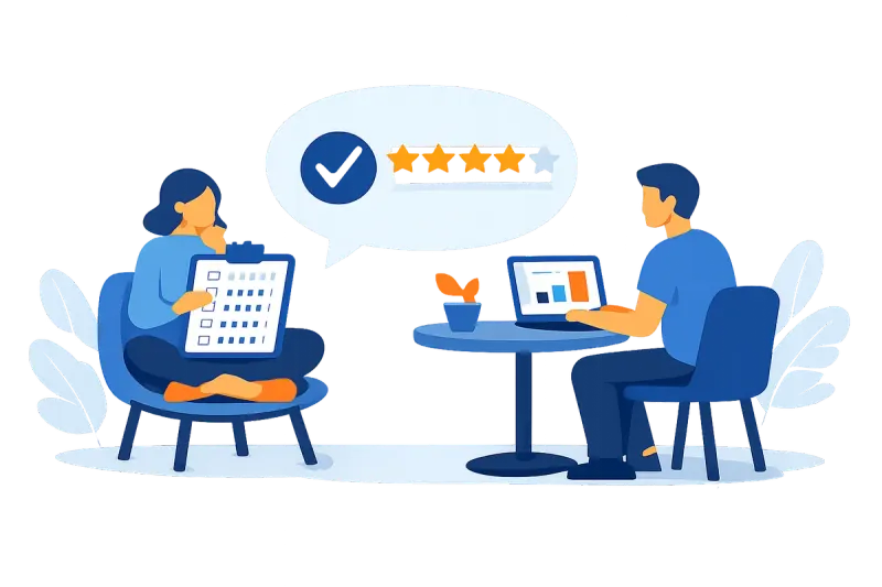 Two people writing survey questions together, one reviewing a checklist of question types and the other analyzing survey results on a laptop