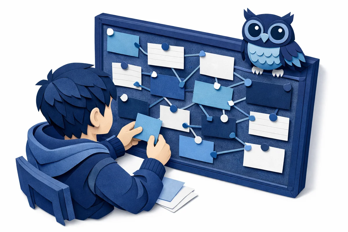 Papercraft illustration of a student taking an online quiz, with a small owl perched on the laptop monitor.