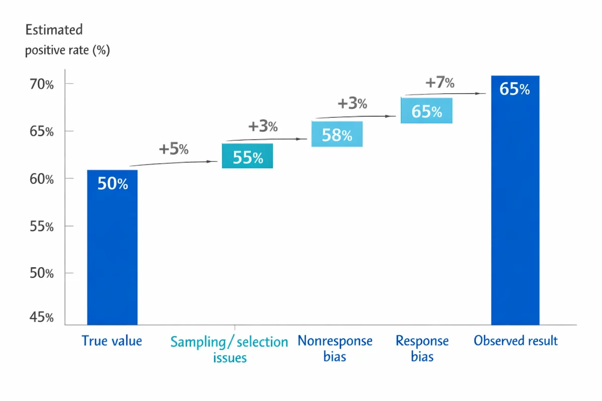 Waterfall chart starting at 50% true value and ending at 65% observed after +5 sampling issues, +3 nonresponse bias, and +7 response bias.
