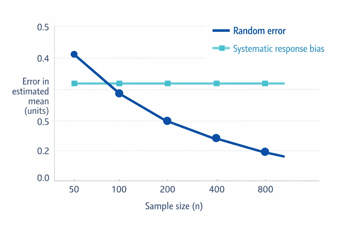 Line chart showing random error dropping from 0.40 to 0.10 as sample size increases, while systematic response bias stays flat at 0.25.