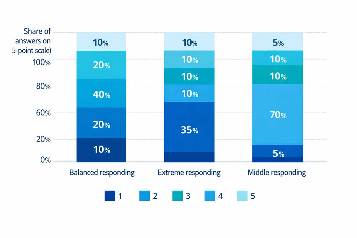 Stacked bars compare 5-point response distributions: balanced peaks at 40% in the middle, extreme concentrates 70% at endpoints, middle responding concentrates 70% at the midpoint.