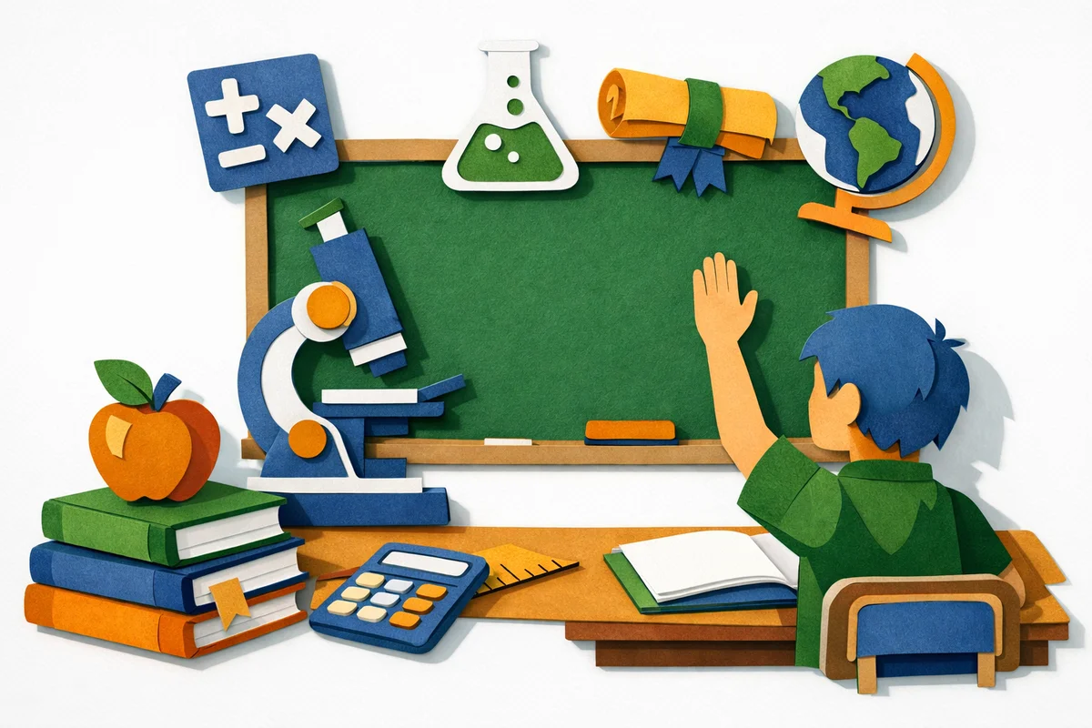 Paper cutout illustration of a classroom with educational quiz elements