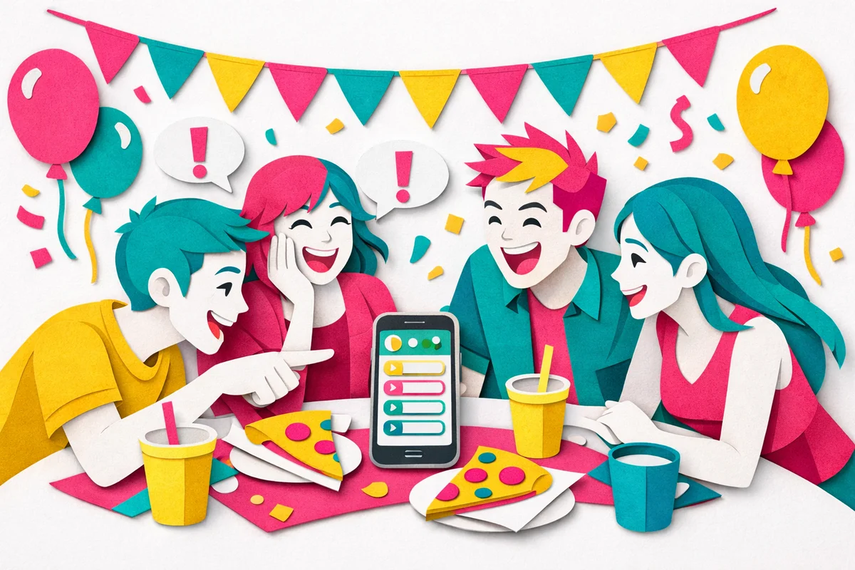 Paper cutout illustration of friends having fun with quiz games