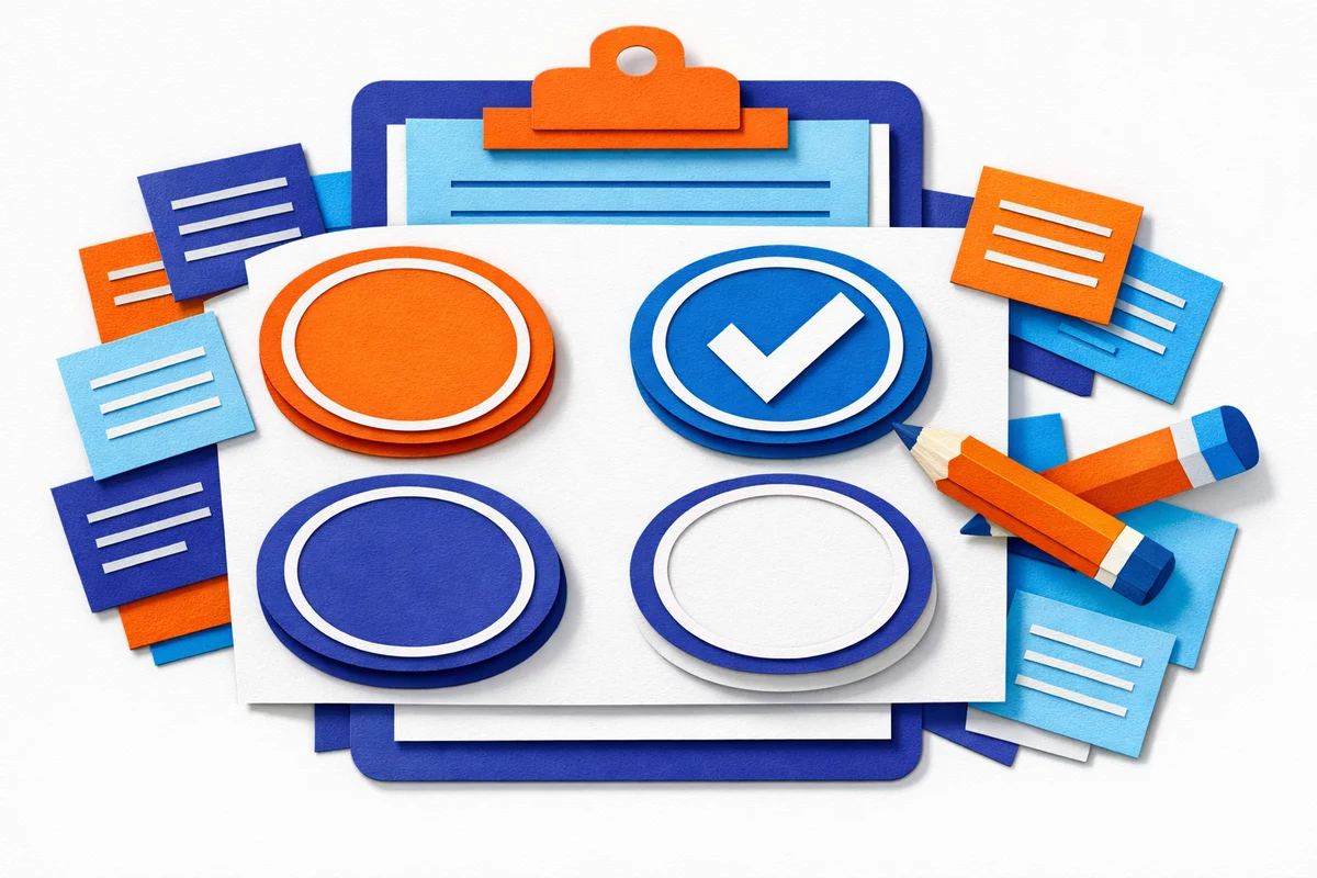 Paper cutout illustration showing multiple choice answer options A B C D