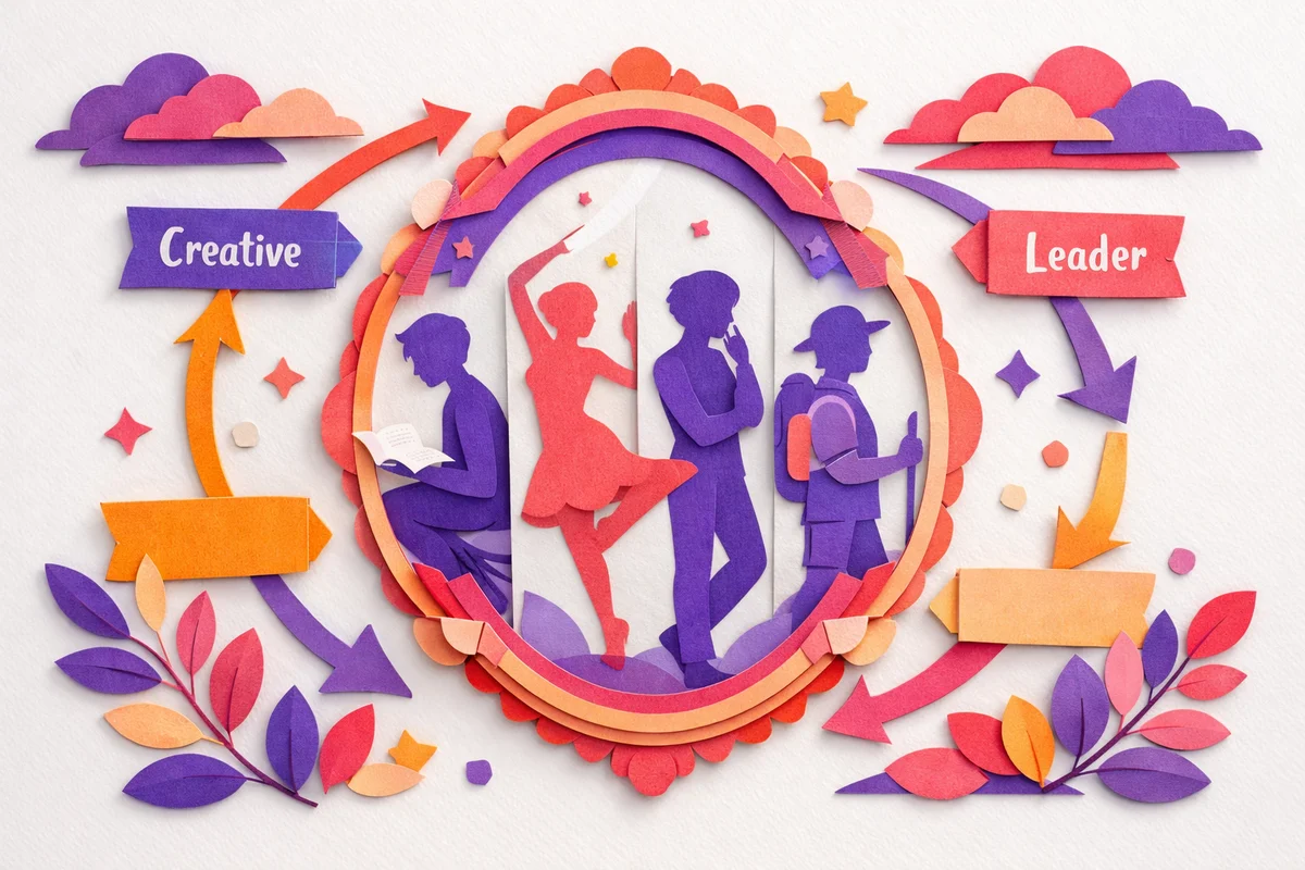 Paper cutout illustration of personality types and self-discovery quiz