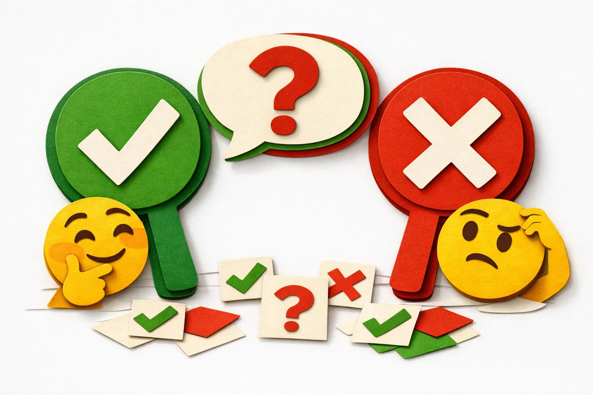 Paper cutout illustration of true and false symbols for quiz questions