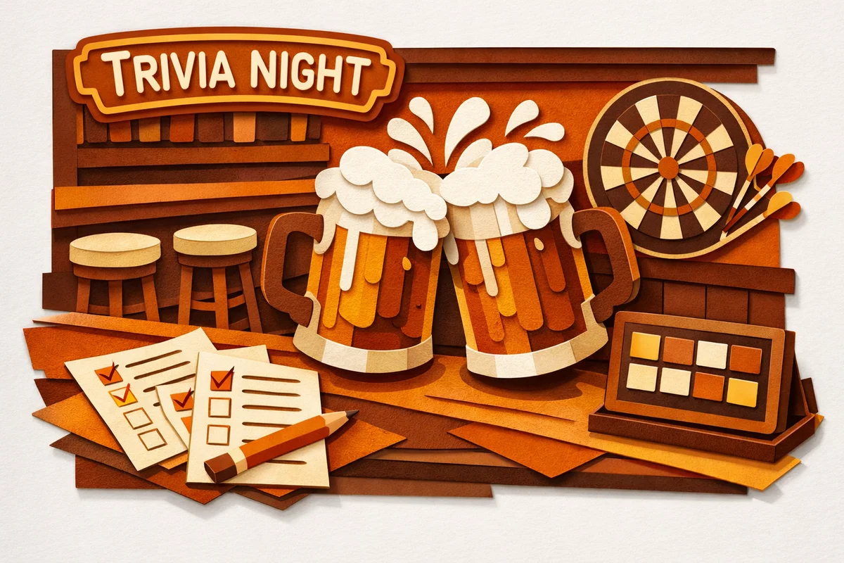 Paper cutout illustration of a pub trivia night scene