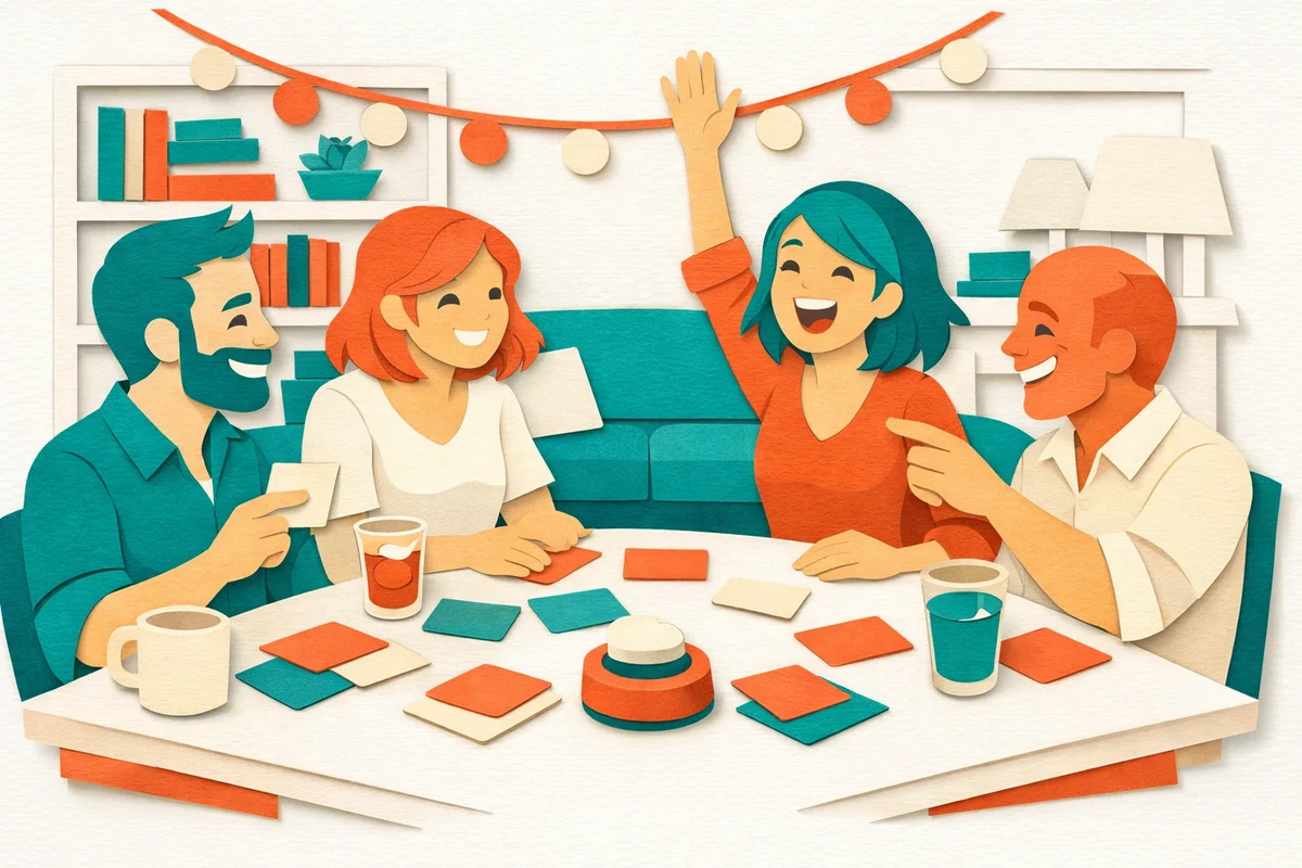 Paper cutout illustration of adults enjoying a trivia game night