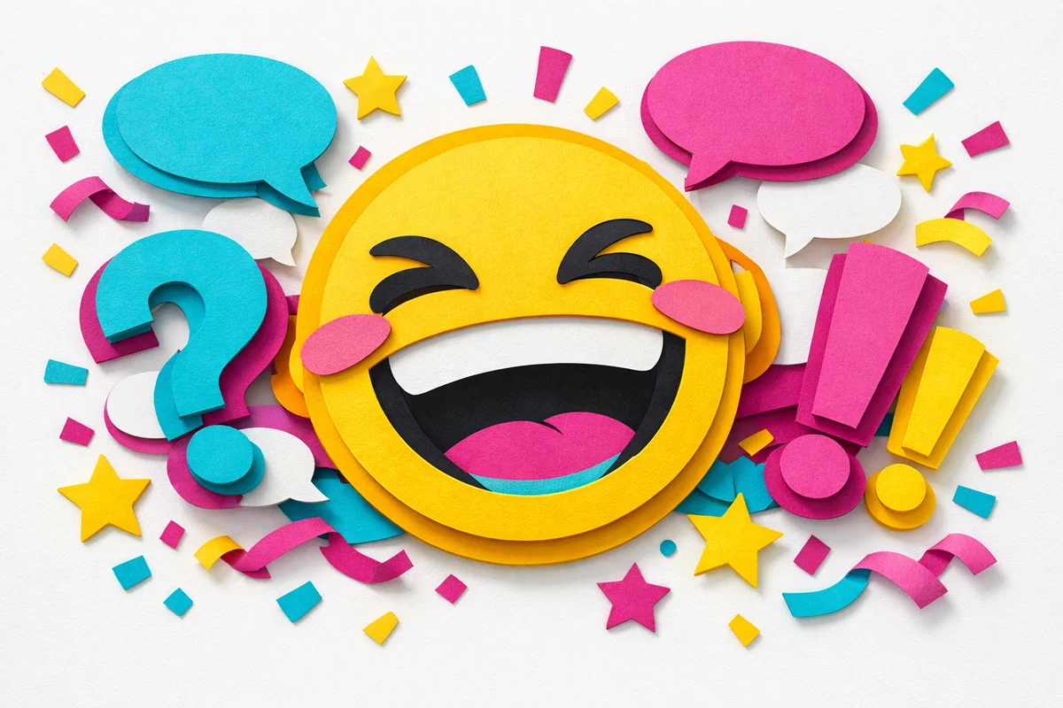 Paper cutout illustration of a laughing face surrounded by question marks