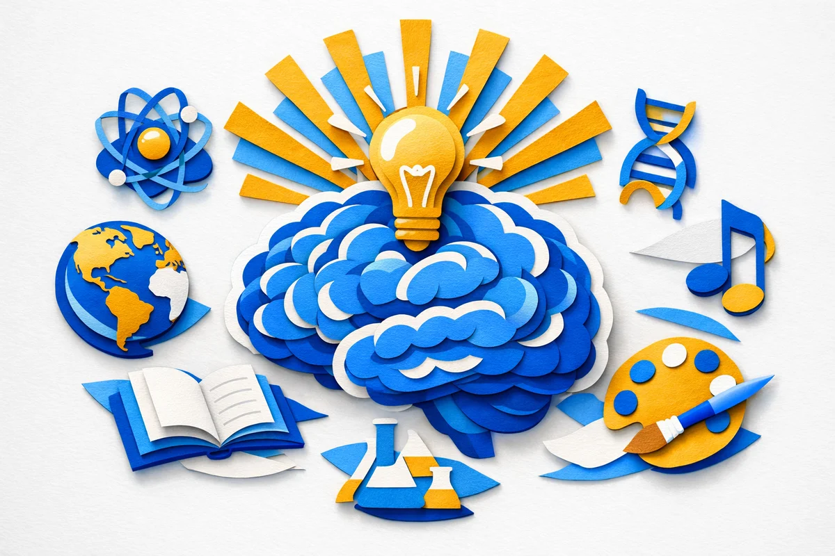 Paper cutout illustration of a brain with lightbulb for general knowledge