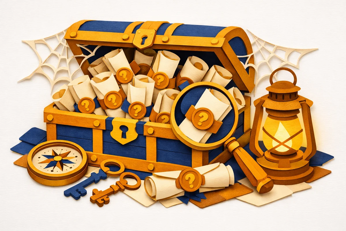 Paper cutout illustration of a treasure chest with trivia scrolls