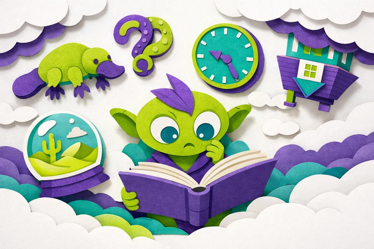 Paper cutout illustration of strange and unusual objects for weird trivia