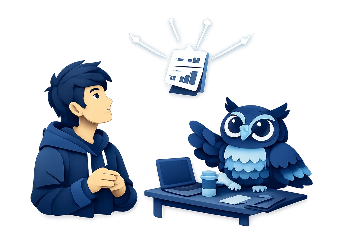 Papercraft owl releasing personality quiz result badges into a network of social sharing nodes as the student watches engagement spread