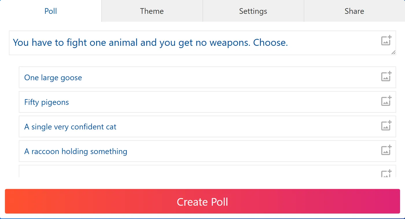 The Poll Maker editor holding one of the funny questions from this page, with four answer options filled in and the Create Poll button below