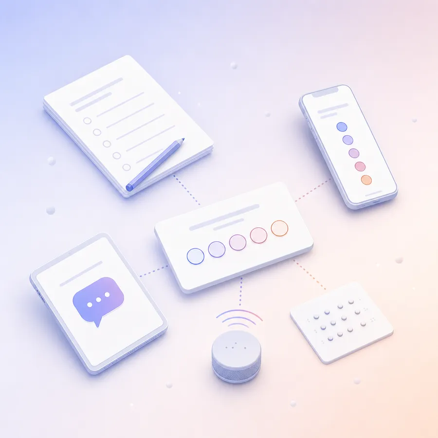 One short survey offered as a paper questionnaire, a phone, a tablet, a read-aloud speaker and a raised-dot card
