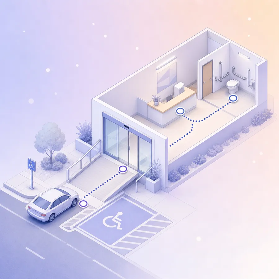 A route through a small public building: an accessible parking bay, a ramp to wide glass doors, the service counter, then a restroom with grab bars