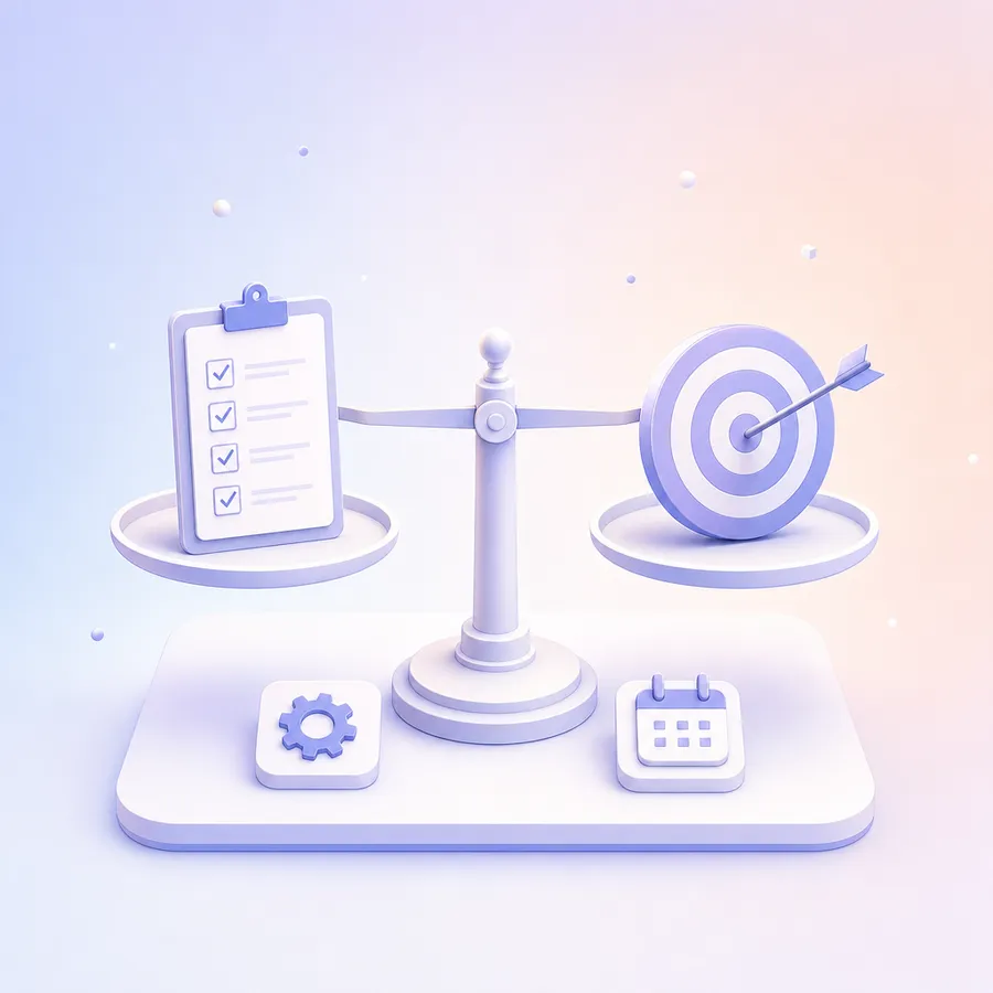 A level balance scale holding a process checklist on one pan and a target with an arrow in the center on the other
